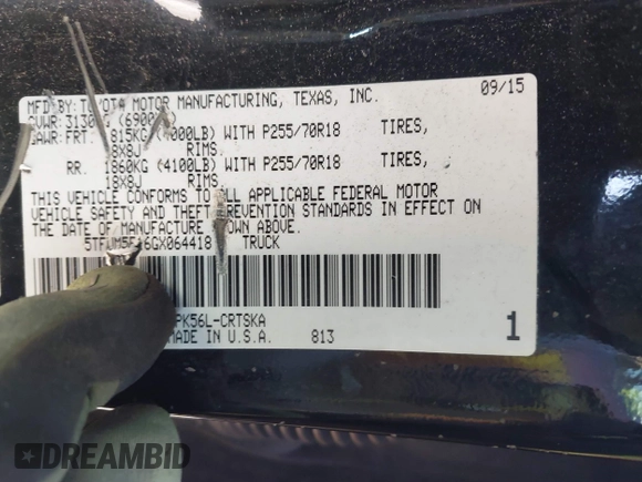 2016 Toyota Tundra 4WD Truck SR with VIN 5TFUM5F16GX064418, listed as a IAAI auction lot 41504912 with 215,241 mi miles. Bid and sale history available at carsss.com. Image 9.