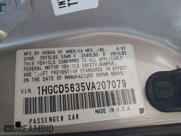1997 Honda Accord LX with VIN 1HGCD5635VA207079, listed as a IAAI auction lot 42599112 with 267,085 mi miles and . Bid and sale history available at DreamBid. Image 9.