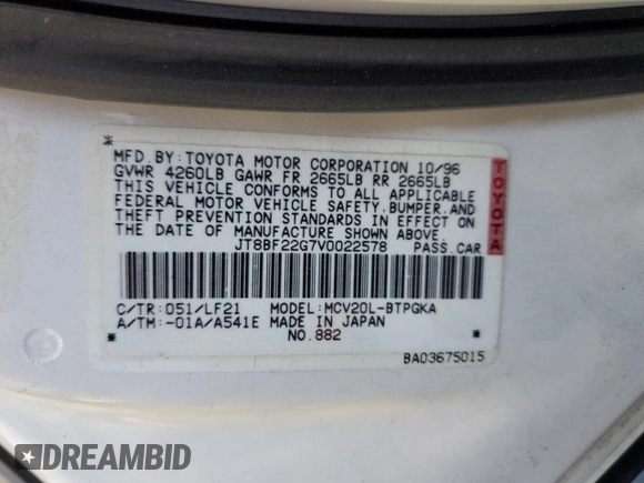 1997 Lexus ES 300 z VIN JT8BF22G7V0022578, wystawiony jako Copart lot #44576625 z przebiegiem Nie podano mil oraz Szkoda całkowita • Salvage title. Historia ofert i sprzedaży dostępna na DreamBid. Obrazek 12.