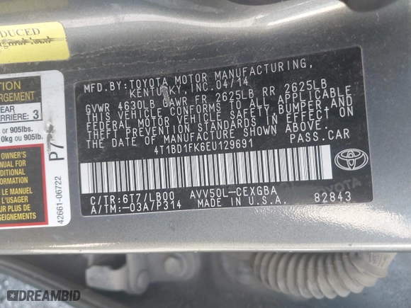 2014 Toyota Camry Hybrid LE with VIN 4T1BD1FK6EU129691, listed as a IAAI auction lot 41796112 with 264,392 mi miles. Bid and sale history available at carsss.com. Image 9.
