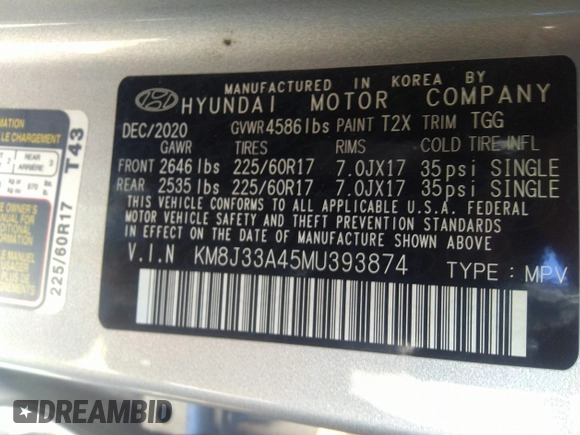 2021 Hyundai Tucson Value with VIN KM8J33A45MU393874, listed as a IAAI auction lot 41681171 with 79,164 mi miles and . Bid and sale history available at DreamBid. Image 9.