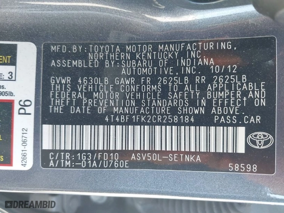 2012 Toyota Camry L with VIN 4T4BF1FK2CR258184, listed as a IAAI auction lot 41879315 with 116,345 mi miles. Bid and sale history available at carsss.com. Image 9.