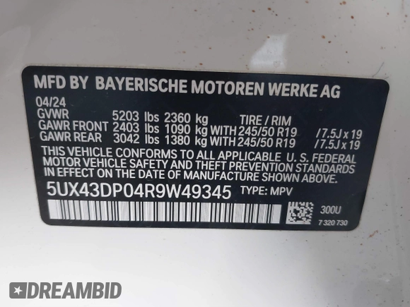 2024 BMW X3 sDrive30i with VIN 5UX43DP04R9W49345, listed as a IAAI auction lot 40539213 with 5,522 mi miles and . Bid and sale history available at DreamBid. Image 9.