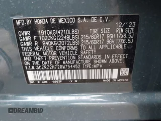 2024 Honda HR-V EX-L with VIN 3CZRZ2H72RM754452, listed as a IAAI auction lot 42082347 with 4,866 mi miles and . Bid and sale history available at DreamBid. Image 9.