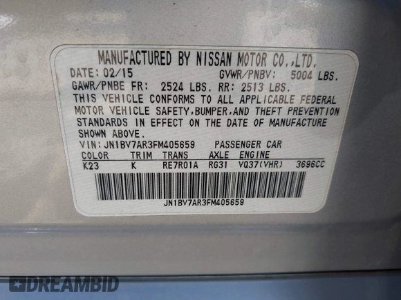 2015 Infiniti Q50 with VIN JN1BV7AR3FM405659, listed as a IAAI auction lot 41949596 with 101,196 mi miles and . Bid and sale history available at DreamBid. Image 9.