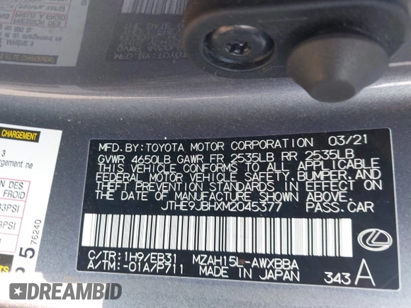 2021 Lexus UX 250h F Sport z VIN JTHE9JBHXM2045377, wystawiony jako IAAI lot #42580566 z przebiegiem 52 838 mil mil oraz . Historia ofert i sprzedaży dostępna na DreamBid. Obrazek 9.