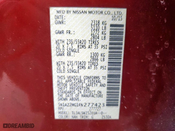 2015 Nissan Murano SL with VIN 5N1AZ2MG1FN277423, listed as a Copart auction lot 51382925 with 73,919 mi miles and Salvage Title. Bid and sale history available at carsss.com. Image 14.