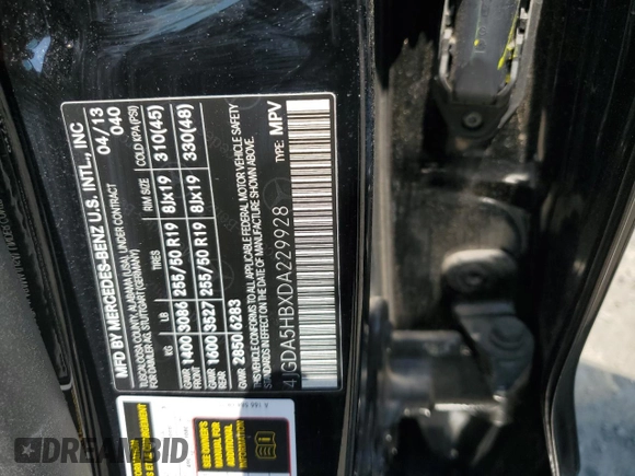 2013 Mercedes-Benz M 350 with VIN 4JGDA5HBXDA229928, listed as a Copart auction lot 60271925 with Not provided miles and Clean title. Bid and sale history available at DreamBid. Image 13.
