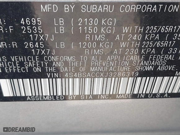2018 Subaru Outback Premium with VIN 4S4BSACCXJ3286319, listed as a IAAI auction lot 41869305 with 94,552 mi miles. Bid and sale history available at carsss.com. Image 9.
