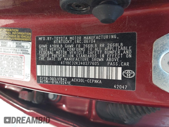 2004 Toyota Camry LE with VIN 4T1BE32K34U377605, listed as a IAAI auction lot 42107813 with 110,724 mi miles. Bid and sale history available at carsss.com. Image 9.
