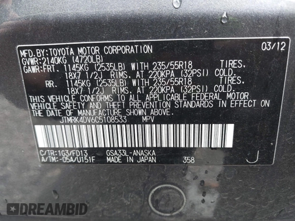2012 Toyota RAV4 Sport с VIN JTMRK4DV6C5108533, выставлен на аукционе IAAI как лот 41979287 с пробегом 191 488 миль миль и . История ставок и продаж доступна на DreamBid. Изображение 9.