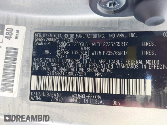 2021 Toyota Sienna XLE z VIN 5TDYRKEC1MS027959, wystawiony jako IAAI lot #42018160 z przebiegiem Nie podano mil oraz . Historia ofert i sprzedaży dostępna na DreamBid. Obrazek 9.