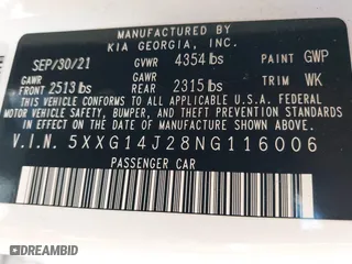 2022 Kia K5 LXS with VIN 5XXG14J28NG116006, listed as a IAAI auction lot 41623420 with 60,991 mi miles. Bid and sale history available at carsss.com. Image 9.