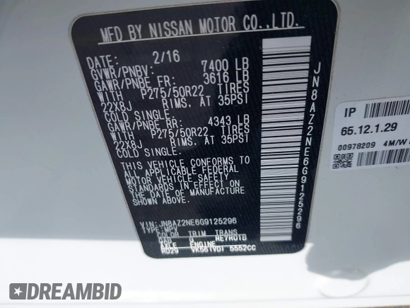2016 Infiniti QX80 with VIN JN8AZ2NE6G9125296, listed as a IAAI auction lot 40869127 with 96,998 mi miles. Bid and sale history available at carsss.com. Image 9.