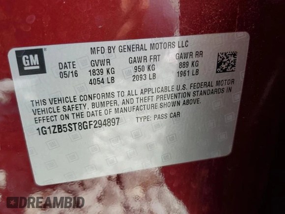 2016 Chevrolet Malibu LS z VIN 1G1ZB5ST8GF294897, wystawiony jako Copart lot #56256665 z przebiegiem Nie podano mil oraz Szkoda całkowita • Salvage title. Historia ofert i sprzedaży dostępna na DreamBid. Obrazek 12.