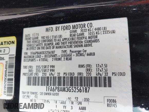 2016 Ford Mustang V6 z VIN 1FA6P8AM3G5256187, wystawiony jako IAAI lot #42415645 z przebiegiem 141 235 mil mil oraz . Historia ofert i sprzedaży dostępna na DreamBid. Obrazek 9.