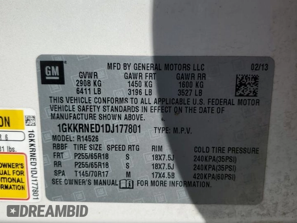 2013 GMC Acadia SLE with VIN 1GKKRNED1DJ177801, listed as a Copart auction lot 49496845 with 195,367 mi miles and Salvage Title. Bid and sale history available at carsss.com. Image 14.