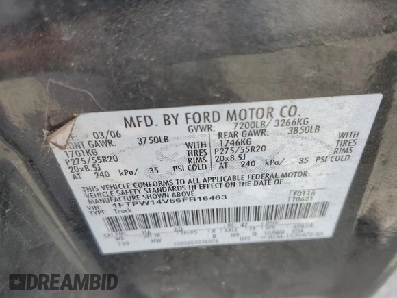 2006 Ford F-150 XL with VIN 1FTPW14V66FB16463, listed as a Copart auction lot 49305835 with 151,955 mi miles and Salvage Title. Bid and sale history available at carsss.com. Image 12.