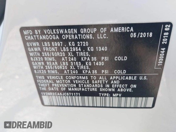 2018 Volkswagen Atlas SEL Premium with VIN 1V2NR2CA5JC571171, listed as a IAAI auction lot 42174807 with 131,690 mi miles and . Bid and sale history available at DreamBid. Image 9.