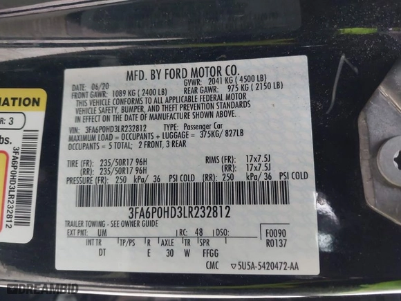 2020 Ford Fusion SE with VIN 3FA6P0HD3LR232812, listed as a IAAI auction lot 41257552 with 88,538 mi miles. Bid and sale history available at carsss.com. Image 9.