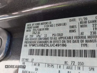 2020 Ford Escape SE Sport Hybrid with VIN 1FMCU0BZ3LUC49186, listed as a IAAI auction lot 42367825 with 28,362 mi miles and . Bid and sale history available at DreamBid. Image 9.
