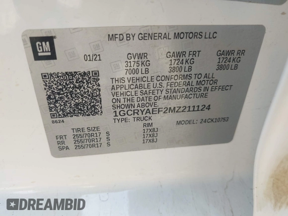 2021 Chevrolet Silverado 1500 Work Truck with VIN 1GCRYAEF2MZ211124, listed as a IAAI auction lot 42221799 with 69,005 mi miles and . Bid and sale history available at DreamBid. Image 9.