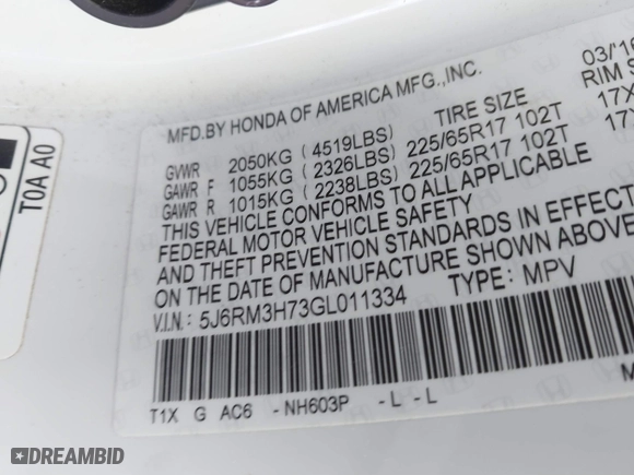 2016 Honda CR-V EX-L with VIN 5J6RM3H73GL011334, listed as a IAAI auction lot 41643636 with 212,792 mi miles. Bid and sale history available at carsss.com. Image 9.