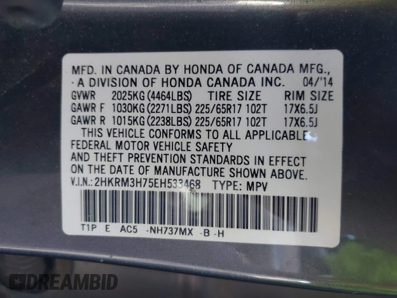 2014 Honda CR-V EX-L with VIN 2HKRM3H75EH533468, listed as a IAAI auction lot 41693921 with 140,626 mi miles and . Bid and sale history available at carsss.com. Image 9.