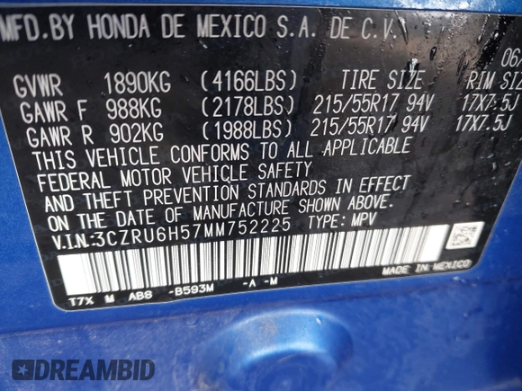 2021 Honda HR-V EX with VIN 3CZRU6H57MM752225, listed as a IAAI auction lot 41791264 with 62,972 mi miles. Bid and sale history available at carsss.com. Image 9.
