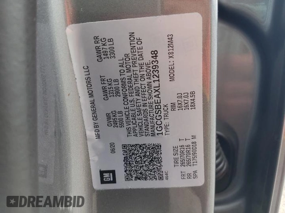 2020 Chevrolet Colorado 2WD Work Truck with VIN 1GCGSBEAXL1239348, listed as a Copart auction lot 58490295 with 66,665 mi miles and Salvage title. Bid and sale history available at DreamBid. Image 12.