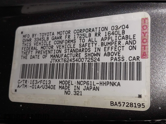 2004 Scion xA z VIN JTKKT624540072524, wystawiony jako IAAI lot #41862606 z przebiegiem 141 147 mil mil oraz . Historia ofert i sprzedaży dostępna na DreamBid. Obrazek 9.