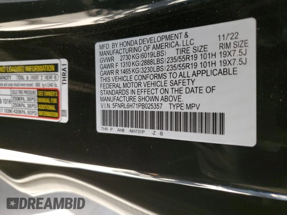 2023 Honda Odyssey Sport with VIN 5FNRL6H71PB025357, listed as a Copart auction lot 45682075 with 56,291 mi miles and Salvage Title. Bid and sale history available at carsss.com. Image 15.
