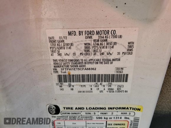 2012 Ford F-150 XL with VIN 1FTFW1ET5CFA68362, listed as a Copart auction lot 46281875 with Not Provided miles and Salvage Title. Bid and sale history available at DreamBid. Image 13.