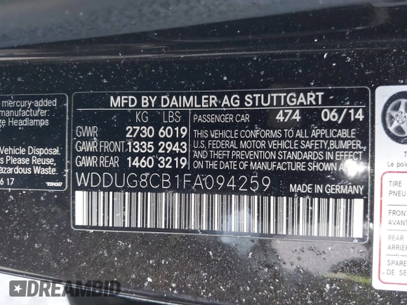 2015 Mercedes-Benz S-Class S 550 with VIN WDDUG8CB1FA094259, listed as a IAAI auction lot 41487071 with 50,253 mi miles. Bid and sale history available at carsss.com. Image 9.