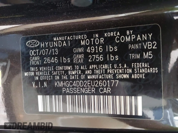 2014 Hyundai Genesis 3.8L z VIN KMHGC4DD2EU260177, wystawiony jako IAAI lot #42092212 z przebiegiem 213 055 mil mil oraz . Historia ofert i sprzedaży dostępna na DreamBid. Obrazek 9.