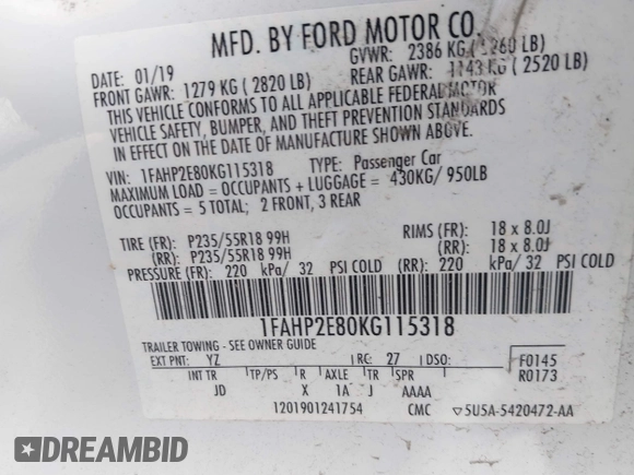 2019 Ford Taurus SEL with VIN 1FAHP2E80KG115318, listed as a IAAI auction lot 41627736 with 111,911 mi miles and . Bid and sale history available at DreamBid. Image 9.