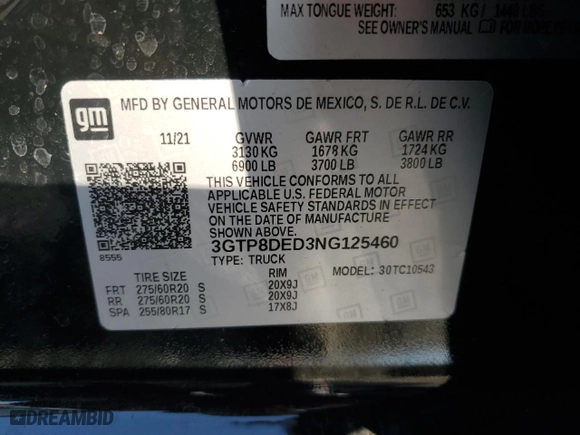 2022 GMC Sierra 1500 Limited SLT with VIN 3GTP8DED3NG125460, listed as a Copart auction lot 88563475 with 0 mi miles and Salvage Title. Bid and sale history available at carsss.com. Image 13.