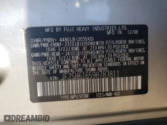 2009 Subaru Forester X with VIN JF2SH61659H783811, listed as a Copart auction lot 61682465 with 154,704 mi miles and Non repairable. Bid and sale history available at DreamBid. Image 14.