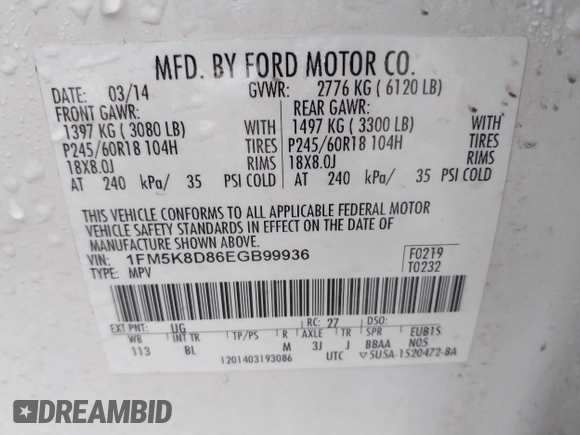 2014 Ford Explorer XLT with VIN 1FM5K8D86EGB99936, listed as a IAAI auction lot 41631657 with 141,097 mi miles and . Bid and sale history available at carsss.com. Image 9.