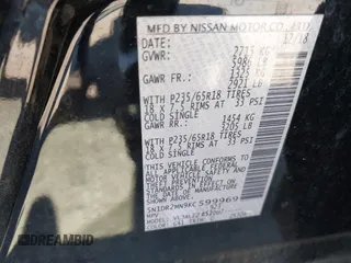 2019 Nissan Pathfinder SL with VIN 5N1DR2MN9KC599969, listed as a IAAI auction lot 41852389 with 186,285 mi miles and . Bid and sale history available at DreamBid. Image 9.