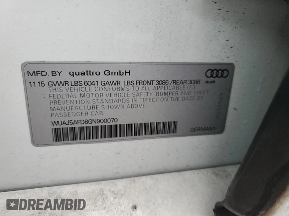 2016 Audi S8 Plus with VIN WUAJ5AFD8GN900070, listed as a Copart auction lot 43043585 with 168,635 mi miles and Salvage Title. Bid and sale history available at carsss.com. Image 12.