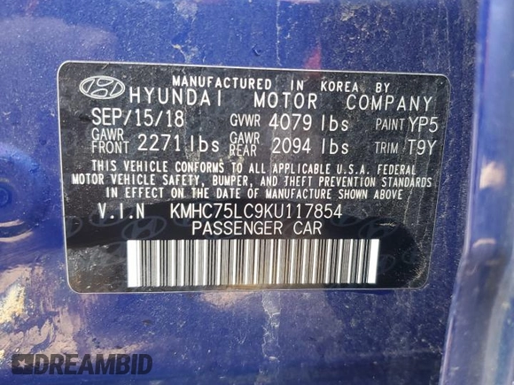 2019 Hyundai Ioniq SEL z VIN KMHC75LC9KU117854, wystawiony jako Copart lot #49612875 z przebiegiem 87 845 mil mil oraz Szkoda całkowita • Salvage title. Historia ofert i sprzedaży dostępna na DreamBid. Obrazek 12.
