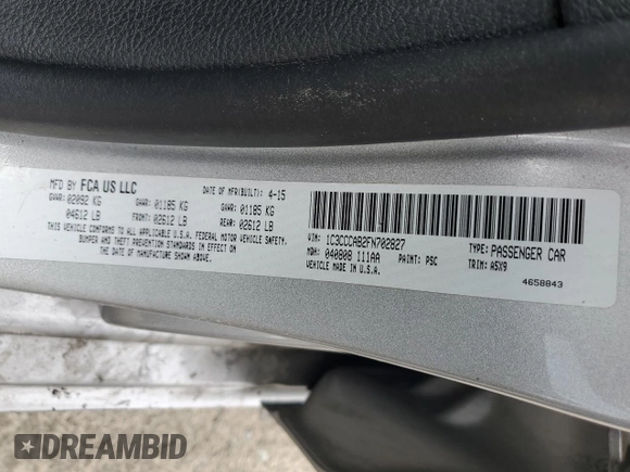 2015 Chrysler 200 Limited with VIN 1C3CCCAB2FN702827, listed as a Copart auction lot 56203255 with Not Provided miles and Clean Title. Bid and sale history available at DreamBid. Image 12.