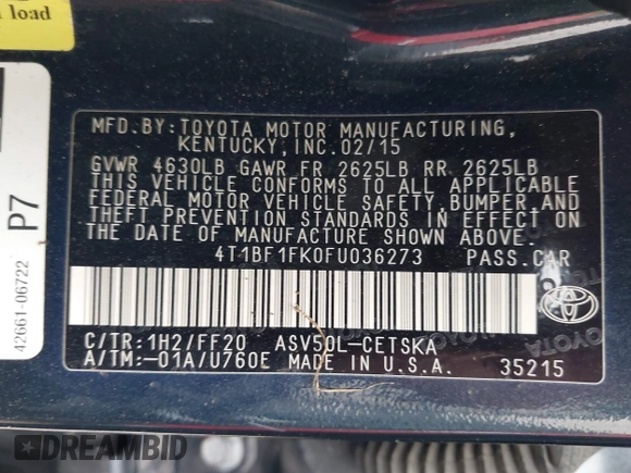 2015 Toyota Camry XLE with VIN 4T1BF1FK0FU036273, listed as a IAAI auction lot 42196339 with 195,857 mi miles and . Bid and sale history available at DreamBid. Image 9.