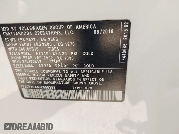 2018 Volkswagen Atlas SE with VIN 1V2CP2CA6JC595282, listed as a IAAI auction lot 42227930 with 95,799 mi miles and . Bid and sale history available at DreamBid. Image 9.