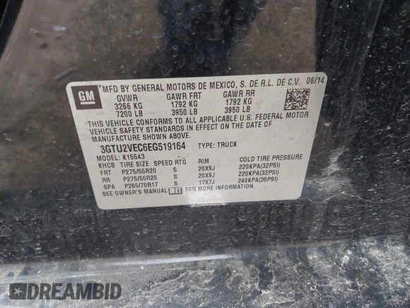2014 GMC Sierra 1500 SLT with VIN 3GTU2VEC6EG519164, listed as a IAAI auction lot 41802489 with 152,152 mi miles and . Bid and sale history available at DreamBid. Image 9.