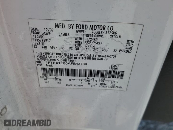 2010 Ford F-150 XL z VIN 1FTEX1E80AFB13709, wystawiony jako Copart lot #53610845 z przebiegiem 340 542 mil mil oraz Szkoda całkowita • Salvage title. Historia ofert i sprzedaży dostępna na DreamBid. Obrazek 14.