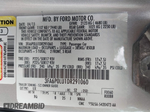 2013 Ford Fusion SE Hybrid z VIN 3FA6P0LU1DR291060, wystawiony jako IAAI lot #42731674 z przebiegiem 93 918 mil mil oraz . Historia ofert i sprzedaży dostępna na DreamBid. Obrazek 9.