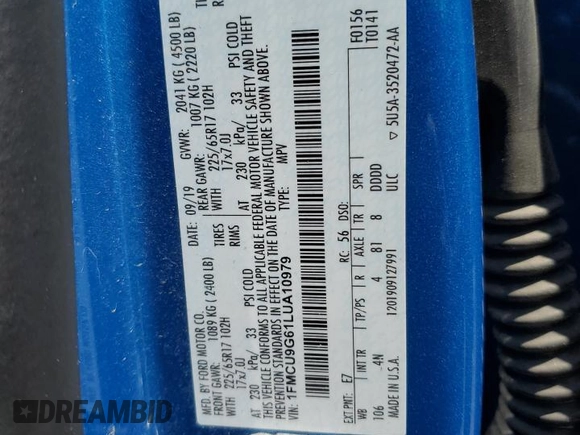 2020 Ford Escape SE z VIN 1FMCU9G61LUA10979, wystawiony jako Copart lot #60166075 z przebiegiem 87 365 mil mil oraz Szkoda całkowita • Salvage title. Historia ofert i sprzedaży dostępna na DreamBid. Obrazek 14.