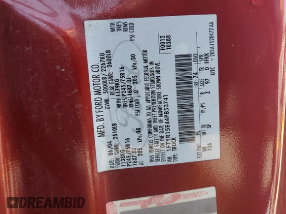 2004 Ford Ranger XL Fleet with VIN 1FTYR15E44PB53741, listed as a Copart auction lot 61020395 with 120,646 mi miles and Salvage title. Bid and sale history available at DreamBid. Image 12.
